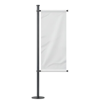 A blank white vertical flag banner mockup on a tall black pole stand designed for advertising and branding display