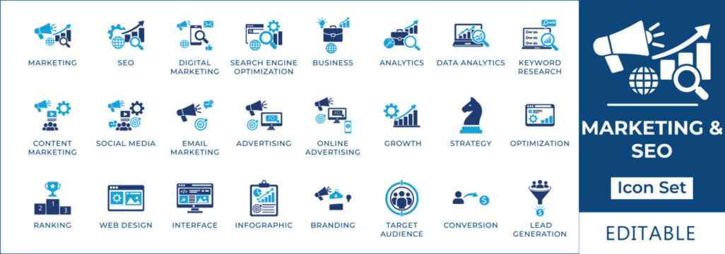 Marketing and SEO icon set featuring search engine optimization, digital advertising, content strategy, social media marketing, lead generation, and web analytics symbols.
