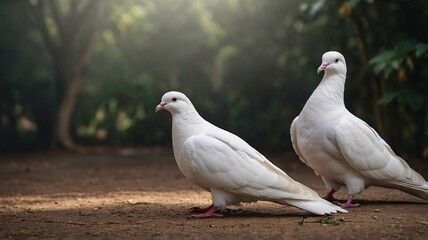 Two elegant white pigeons walk gracefully on the forest floor, surrounded by soft sunlight filtering through the trees.