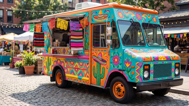 Colorful Mexican food truck parked on a cobblestone street at an outdoor market. Decorated taco vehicle with vibrant floral art and papel picado banners. Cinco de Mayo festival celebration concept