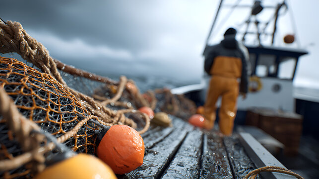 Fishing Nets and Buoys on Wet Boat Deck During Commercial Fishing at Sea