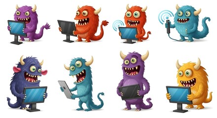 Funny Monster Tech Icons &ndash; Smartphone, Laptop, VR, Gaming Vector Collection
