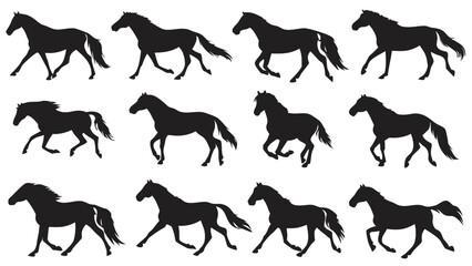 Obraz premium A collection of twelve black horse silhouettes in various dynamic poses a striking silhouette high quality