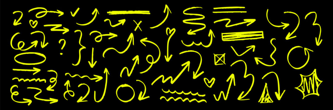 Hand drawn marker lines on paper with neon highlight glow, sketchy arrow forms and underline strokes, marker vibe with highlight detail.
