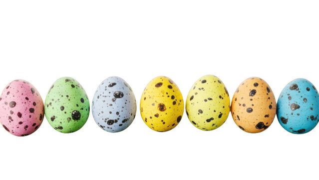 Seven colorful speckled Easter eggs in a row on transparent background