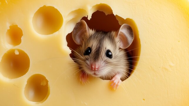A tiny mouse hiding inside a cheese cube is a conceptual macrophotographic image of a cute rodent