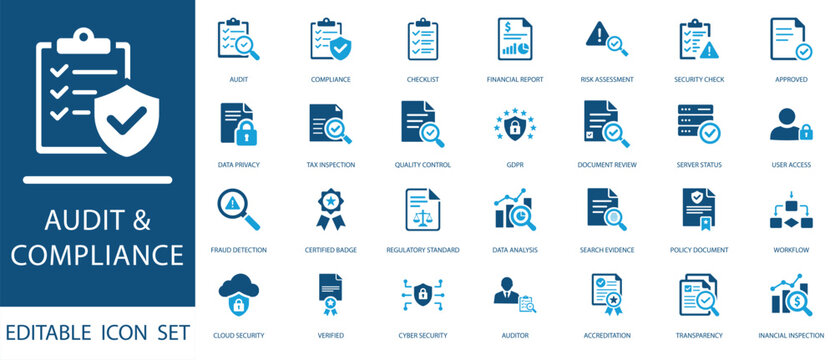 Audit and compliance icon set. featuring data privacy, GDPR, cyber security, and regulatory standards icons for business and corporate use.