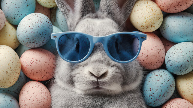 Rabbit wearing sunglasses sits among colorful eggs in a playful spring scene with pastel hues