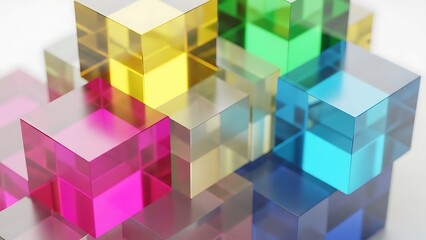 Obraz premium Close-up of translucent, colorful, stacked cubes in a digital art composition. Cubes create a 3D effect