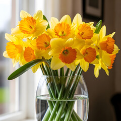 Vibrant Yellow Daffodils in Clear Glass Vase with Natural Light - Spring Floral Arrangement...