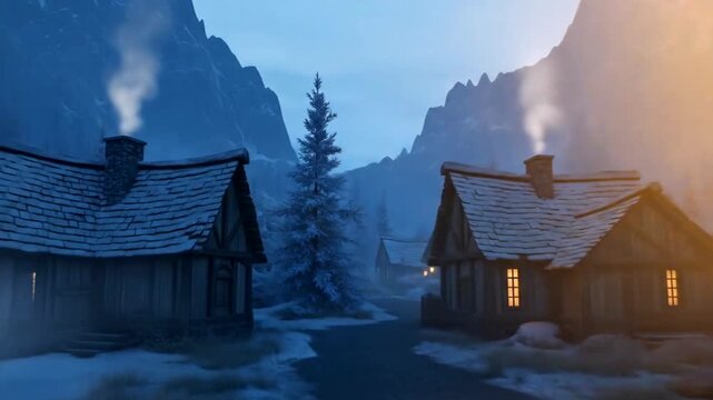 Cozy winter village scene at dusk with glowing lantern, snow-covered houses, and mountains