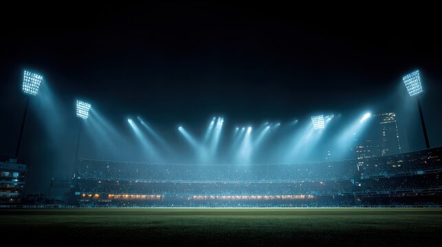 Night view of a packed cricket stadium with dramatic floodlights and beams of light illuminating the field