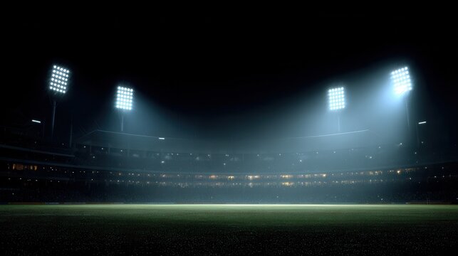 Empty stadium at night with bright floodlights illuminating the green grass field
