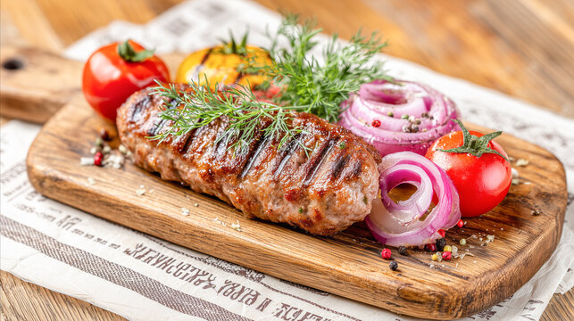Grilled lula kebab with fresh vegetables and pickled onions served on wooden table, juicy minced meat, traditional barbecue dish, street food and hearty cuisine concept