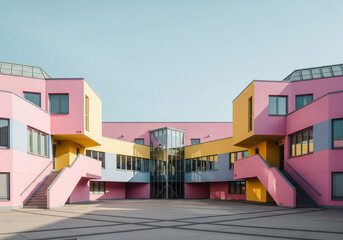 Colorful Modern Building With Stairs And Glass Facade For Architecture And Design Concept