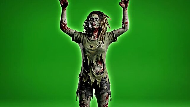 Zombie woman running towards right on green screen background