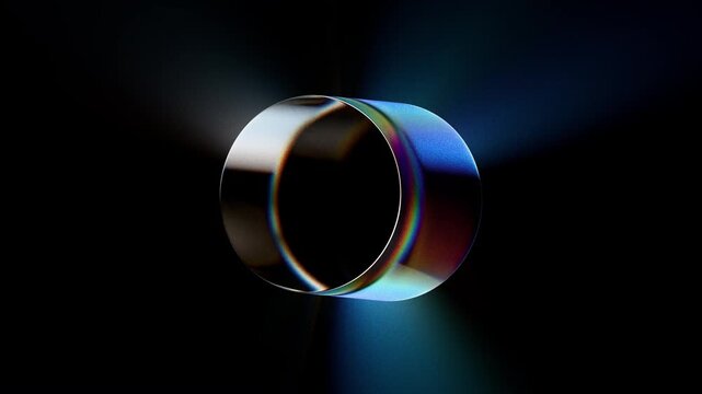 Looped dynamic animation of a cylinder shape made of liquid glass material. Animation with rays of light refraction with the effect of gradient color transition. Animation of a glass shape with the ef