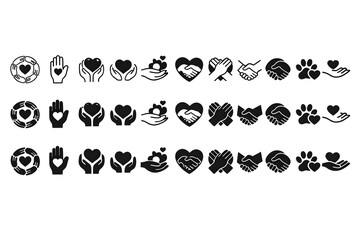 Fototapeta premium Heart and Hand Icon Collection Representing Charity, Volunteering, Social Support, Community Care, and Partnership for Non-Profit Organizations