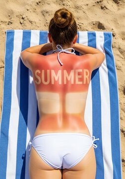 Woman With Sunburned Back Lying On Blue And White Striped Towel At Beach For Summer Vacation And Skin Care Concept