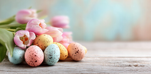 Obraz premium Spring flowers and decorated eggs arranged on a wooden table with a soft background and natural light during Easter time