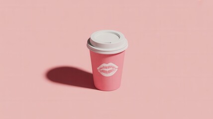 Pink paper coffee cup with white lid and lip print isolated on pink background