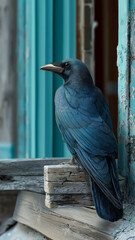 Obraz premium Blue Raven Perched on Weathered Wood Frame, Dramatic Bird Portrait
