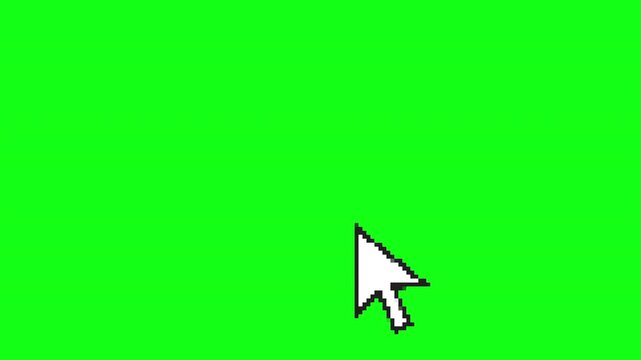 Retro 8-bit pixel art white arrow pointer, computer mouse cursor ui element on green screen. 4k video..