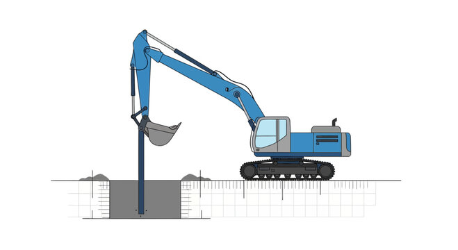 Blue Excavator Machine Digging Deep Foundation Trench For Construction Project