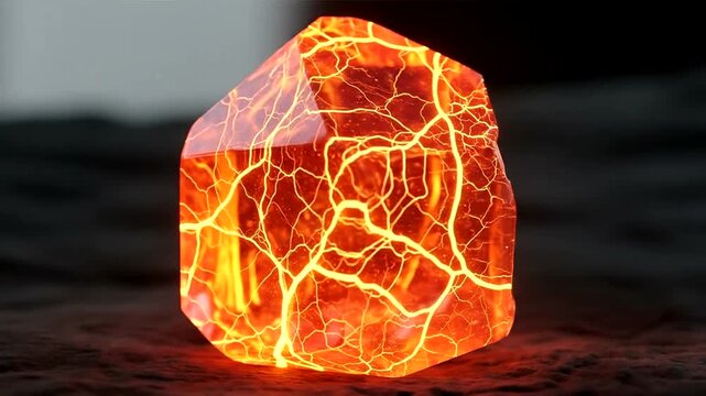 Glowing orange crystal with intricate lava-like patterns, set against a dark, textured background