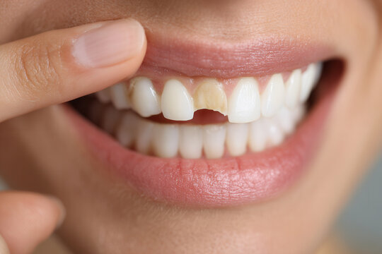 Woman points at chipped tooth while smiling in a close-up setting in a well-lit dental office