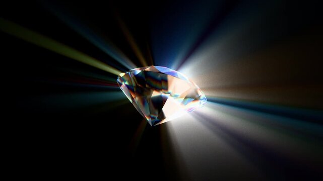 Looped dynamic animation of a diamond shape made of liquid glass material. Animation with rays of light refraction with the effect of gradient color transition. Animation of a glass shape with the eff