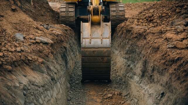 Yellow excavator digging deep trench with metal bucket