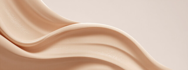 Abstract beige cosmetic cream texture with smooth flowing wave and creamy surface. Minimal skincare background for beauty branding, packaging and modern cosmetic design. banner 