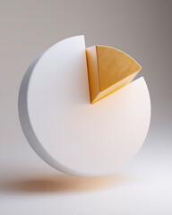 Abstract 3D pie chart with highlighted golden segment standing out from white structure. Concept of business growth, financial success, and modern data analytics.