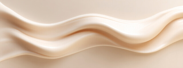 Abstract beige cosmetic cream texture with smooth flowing wave and soft creamy surface. Minimal skincare background for beauty branding, packaging and cosmetic design. banner 