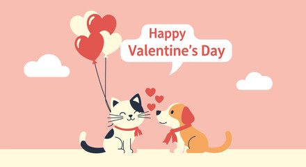 Obraz premium Cute cat and dog with balloons and Valentine's Day message