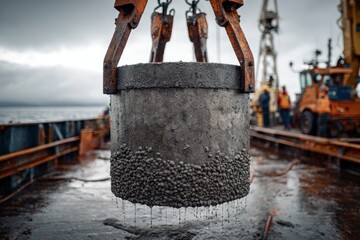 Rusty container filled with polymetallic nodules lifted on ship deck in rainy weather, concept of deep sea mining, resources, geology, and industry.