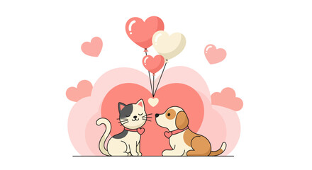 Obraz premium Cute Cat and Dog with Heart Balloons and Hearts
