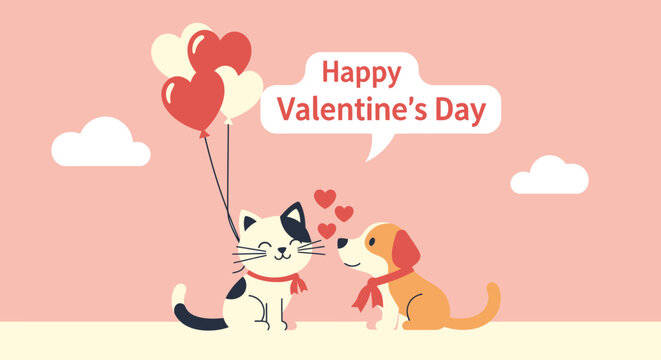 Cute cat and dog with balloons and Valentine's Day message