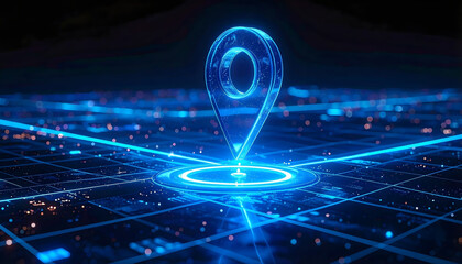 Digital blue map pin icon glowing on a futuristic grid background representing global navigation