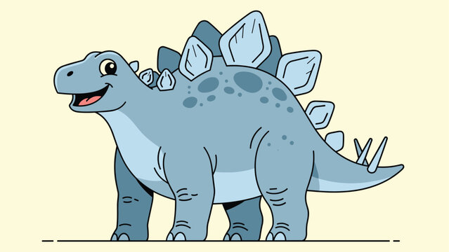 Friendly blue stegosaurus dinosaur with large plates along its back, standing and smiling on a simple yellow background for children.