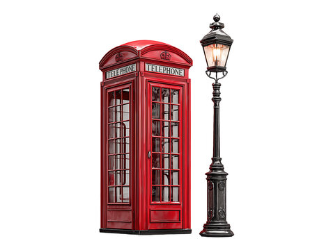 Collection set of red london telephone booth and street lamp isolated on transparent or white background, png