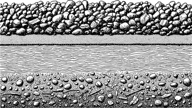 Depiction of ground layers in graphic art with rocks and sediment showing the soil composition with underground water course gravel details
