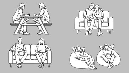 Isometric line art drawing people on a sofa in love or in a conversation outline vector illustration on grey neutral background.