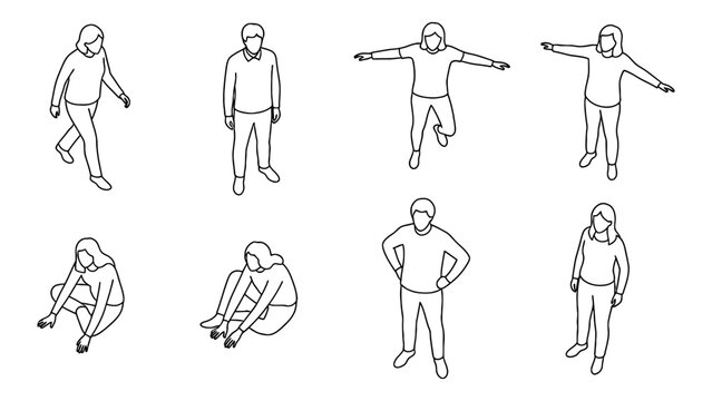 Isometric line art drawing people in different poses, standing, sitting, and walking, outline vector illustration on transparent background.