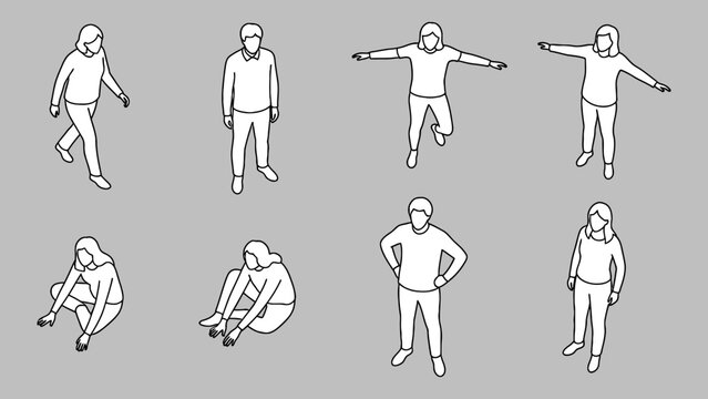 Isometric line art drawing people in different poses, standing, sitting, and walking, outline vector illustration on a grey neutral background.