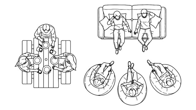 Overhead angle drawing set showcasing human interaction on sofa, beanbag, and dining table layout ideal for architecture, interior designs.