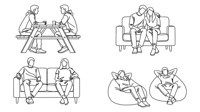 Isometric line art drawing people on a sofa in love or in a conversation, outline vector illustration on transparent background.