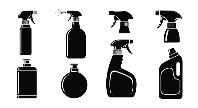 Collection of black spray bottles and cleaning product containers