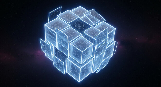 Floating cube made of transparent glowing panels.